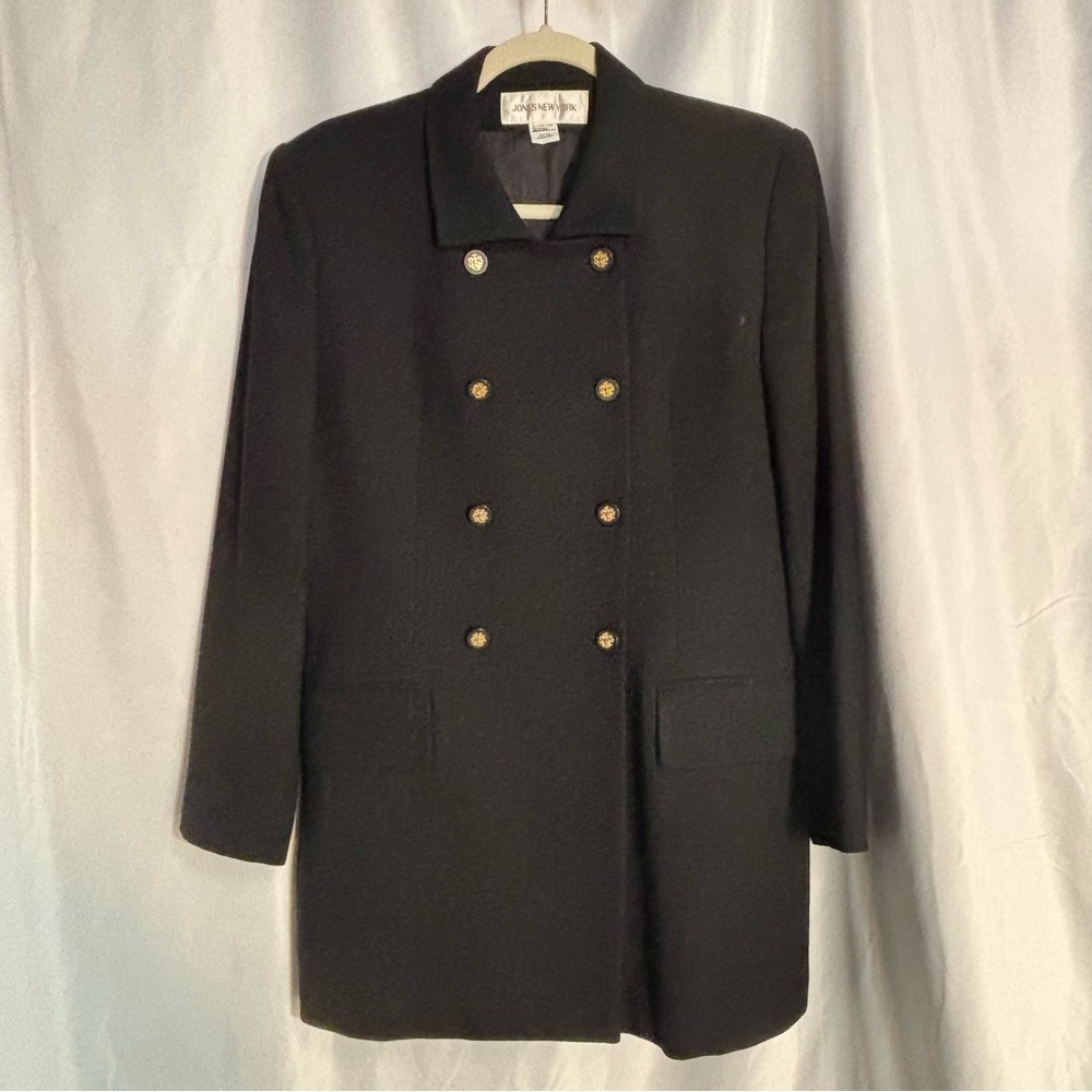 Jones New York Sz 10 black double-breasted wool blazer coat with gold buttons
